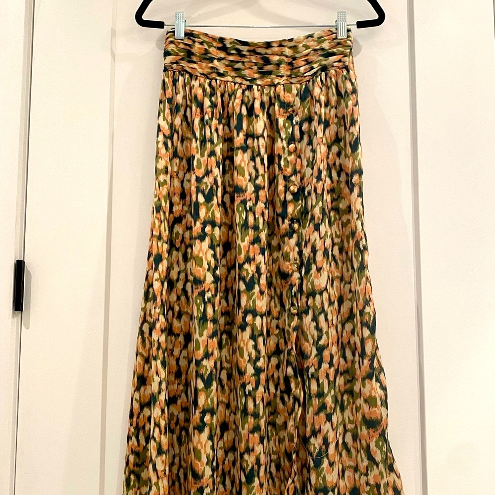 Olive, pink and cream maxi skirt with button down front and elastic waist